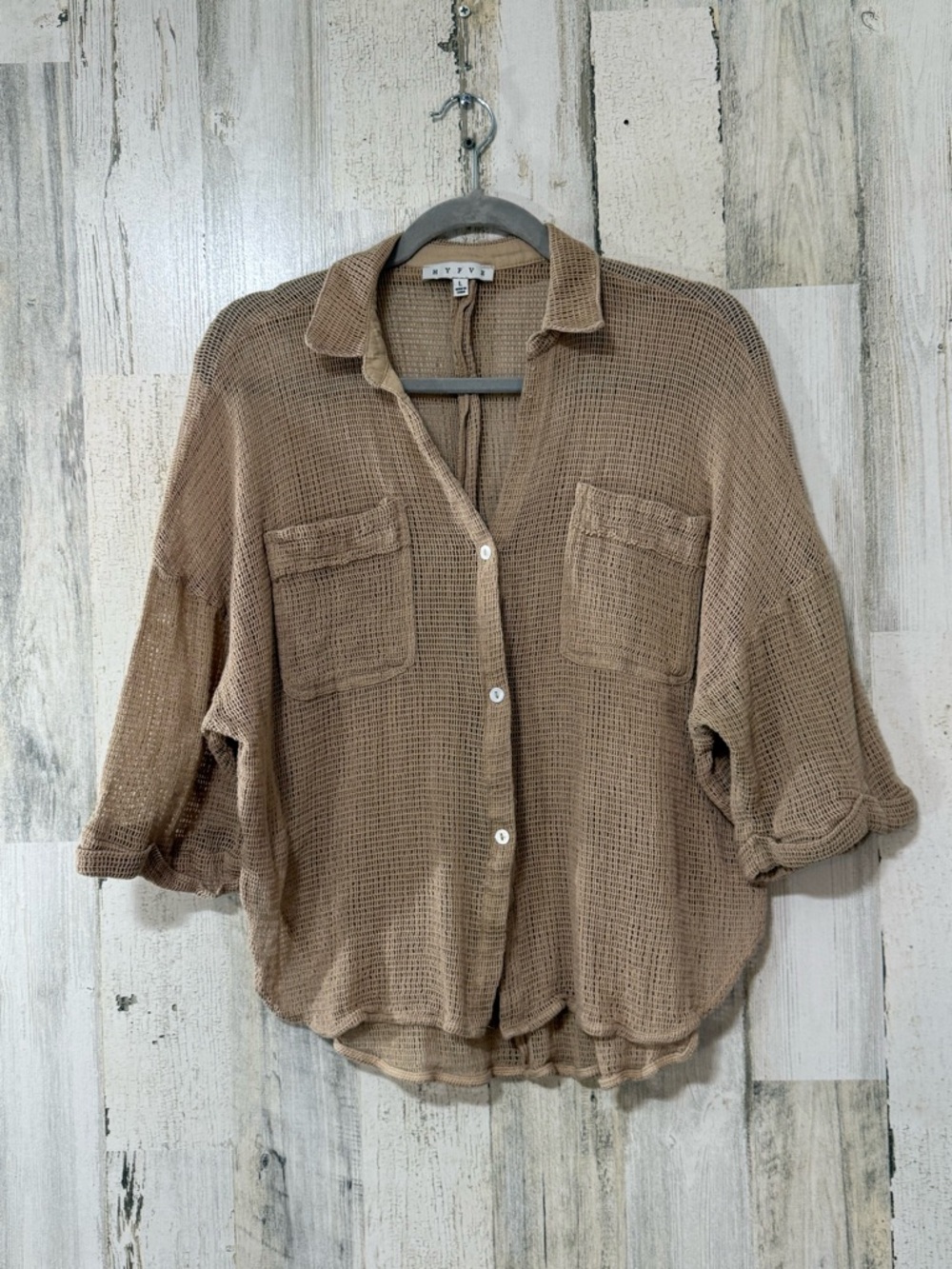 HYFVE Waffle Knit Button-Up Shirt in Beige - Picture 2 of 9
